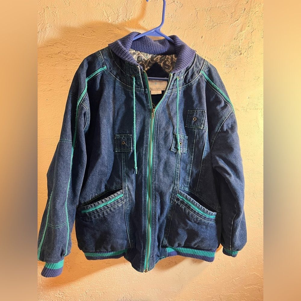 Vintage Blue Denim Jacket LG Turquoise Accents Sergio Valente 80s zip front